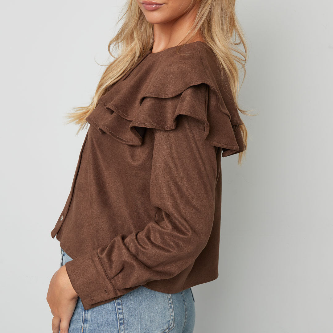 Suède gelaagde blouse donkerbruin