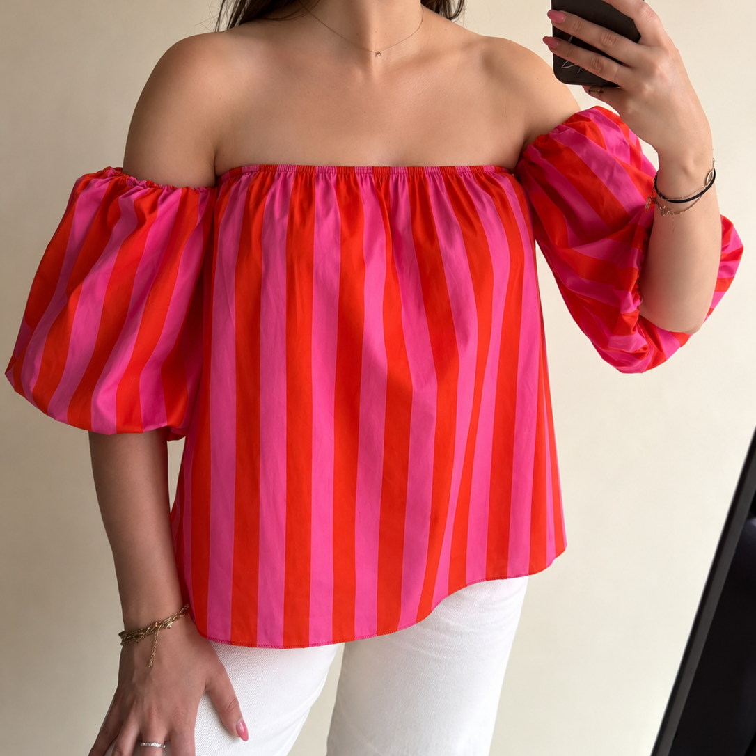 Striped off shoulder top rood