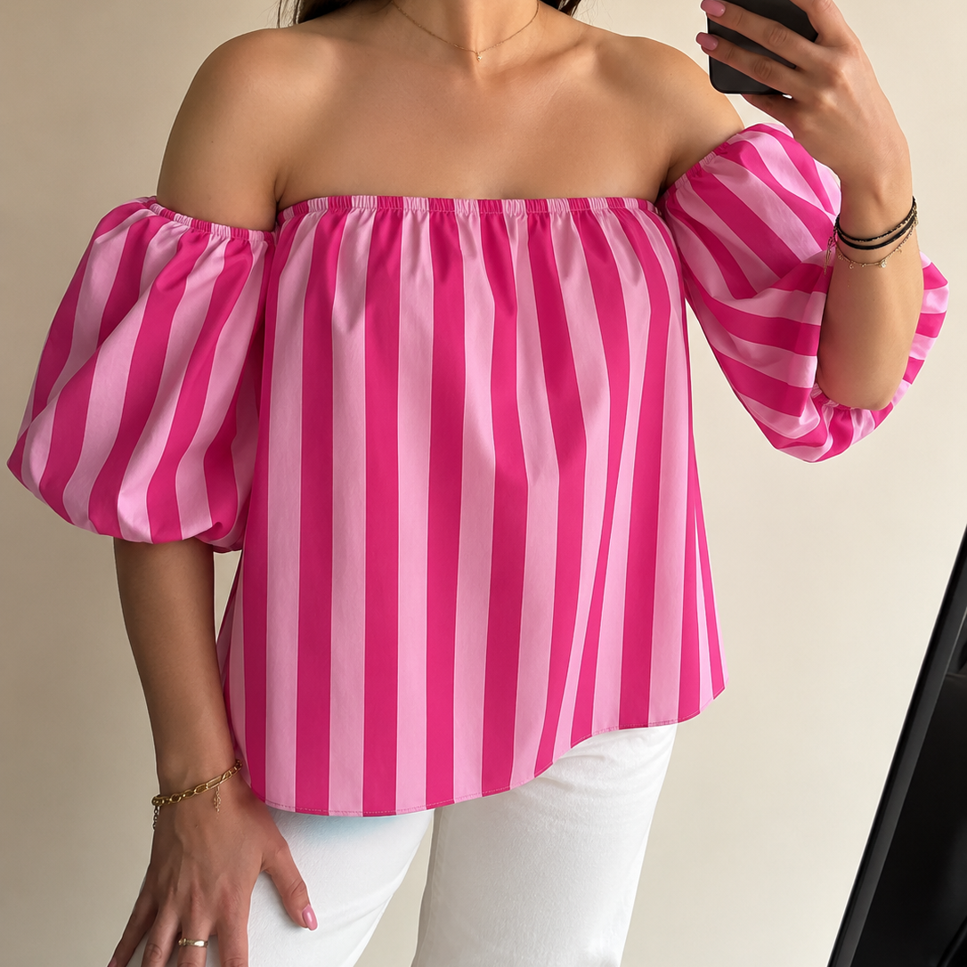 Striped off shoulder top roze
