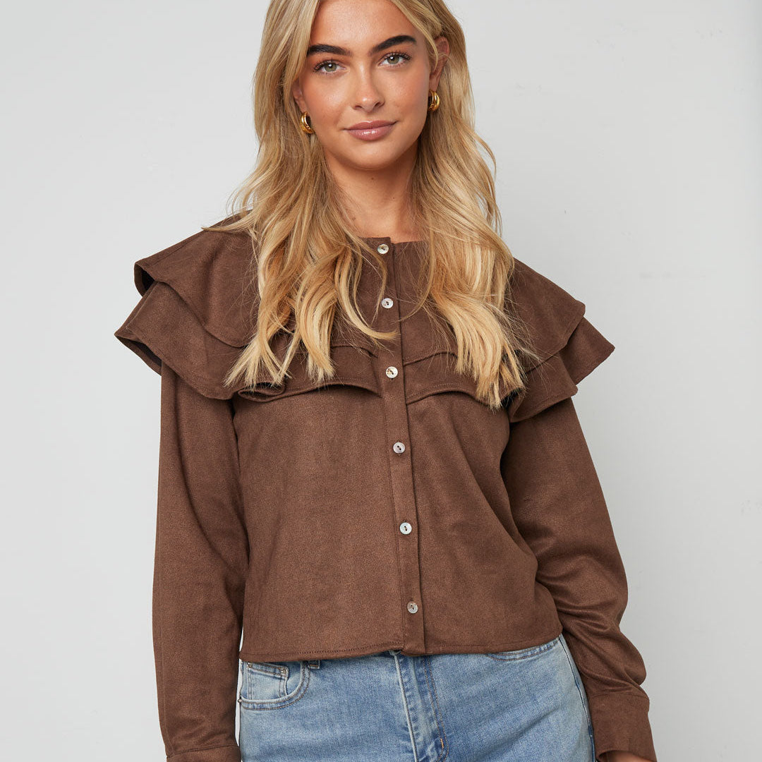 Suède gelaagde blouse donkerbruin